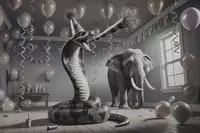 Удав в центре экрана дует в дуделку, а в углу возле окна стоит грусный слоник