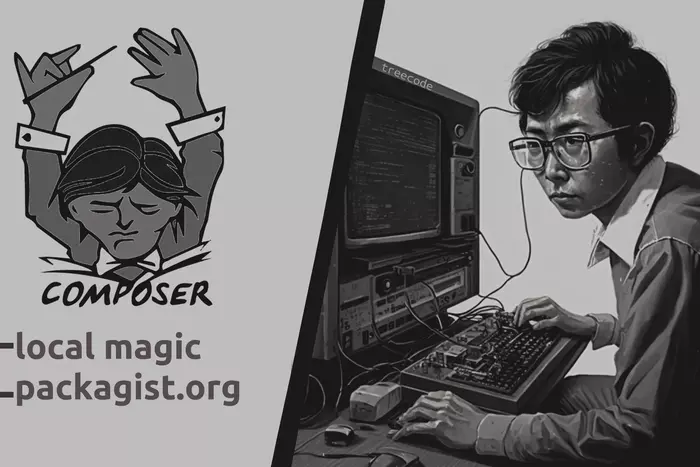 Иконка composer и программист который разрабатывает библиотеку