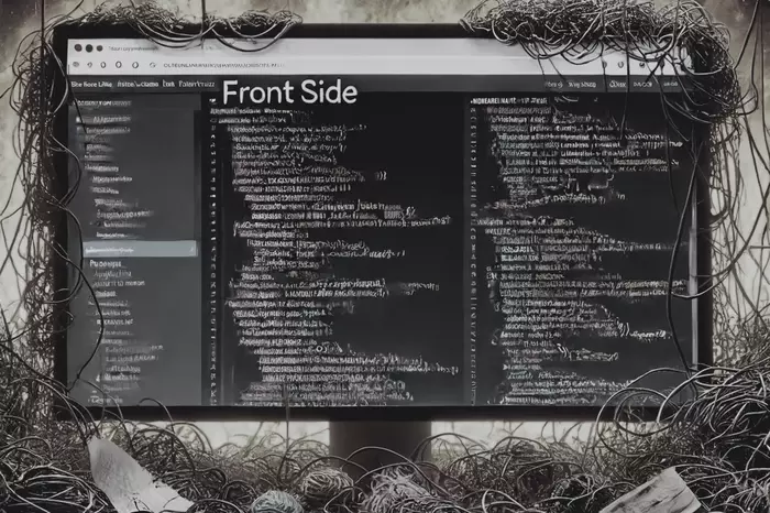 Горящий монитор, увешанный спутанными проводами и клубками для вязания.