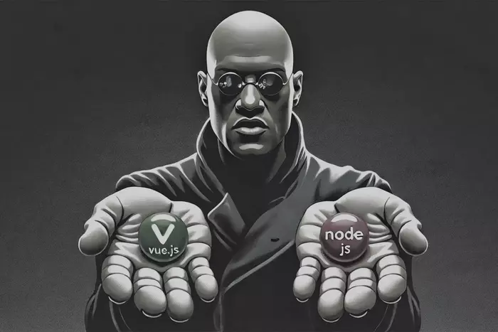 Морфиус предлагает две пилюли. В правой руке зеленая vueJS в левой руке красная nodeJS