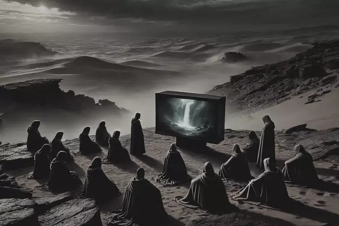 Фримены сидят вокруг монитора в котором транслируется водопад