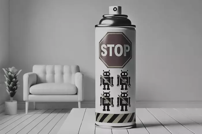 В белой комнате на белом столе стоит аэрозоль против ботов