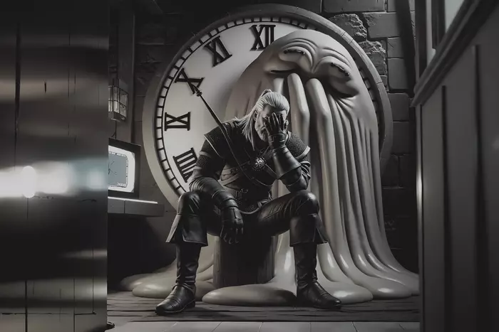 Геральд сидит на ступе с фейспалмом, а за его спиной растекаются часы