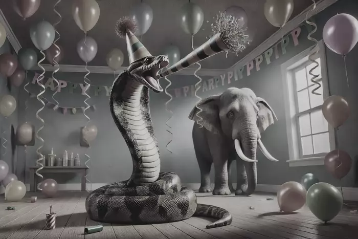 Удав в центре экрана дует в дуделку, а в углу возле окна стоит грусный слоник