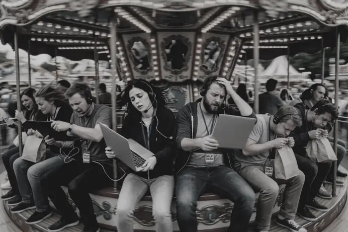 Быстро вращающаяся карусель с операторами поддержки